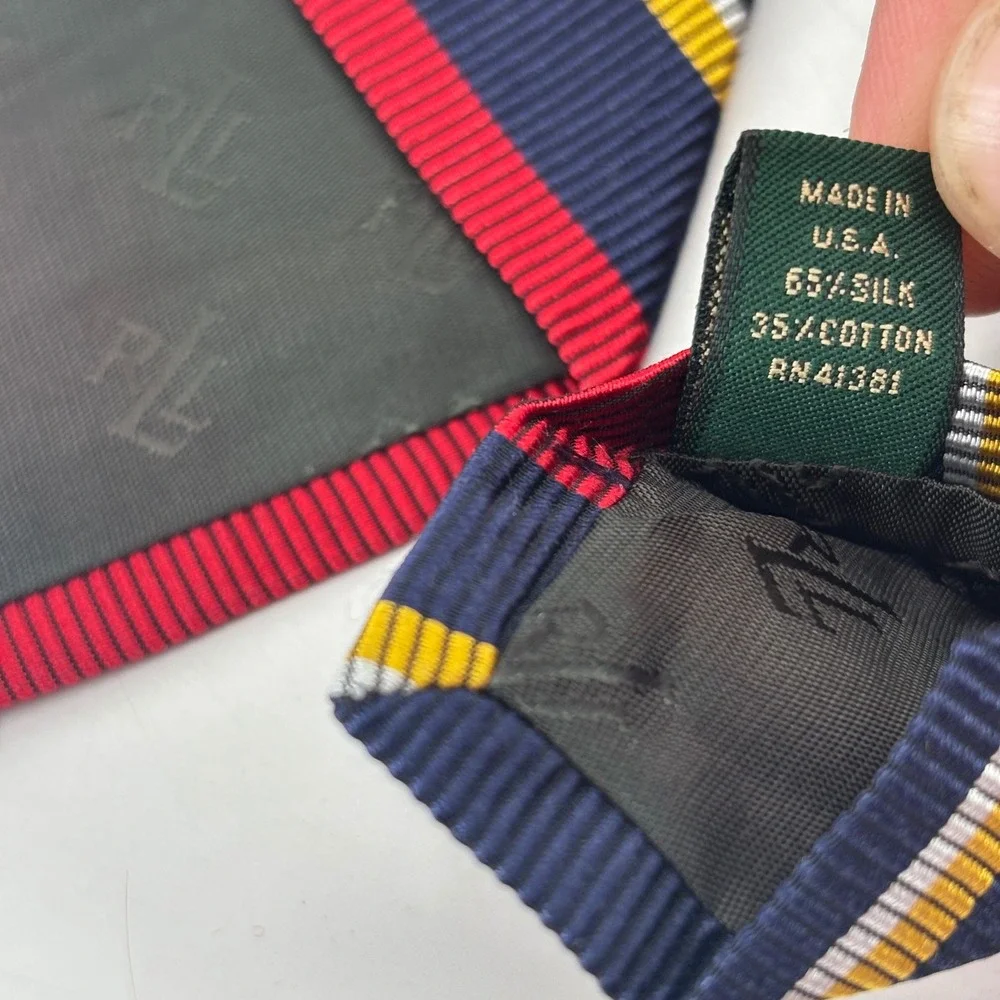 Lauren Ralph Lauren Tie Mens OS Navy Red Gold Silk Cotton Rep Stripe Made in USA